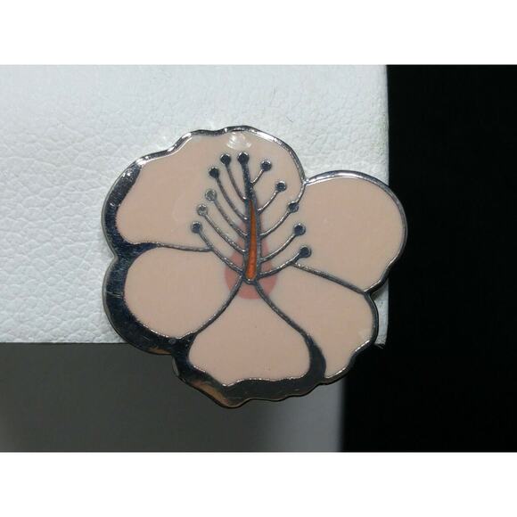 Laurel Burch "Hibiscus" Pink Post Earrings, Rhodium Plated Silver Tone, 1980s - Picture 3 of 10